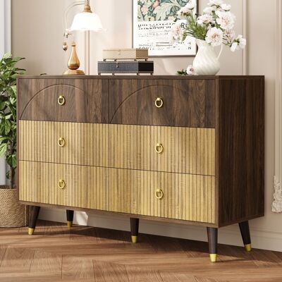 STILVORA Aparador Con 6 Cajones, Tiradores De Anilla Metálica Dorada, Estilo Vintage, En Mdf, 120×40×81 Cm, Natural STILVORA Aparador Con 6 Cajones, Tiradores De Anilla Metálica Dorada, Estilo Vintage, En Mdf, 120×40×81 Cm, Natural