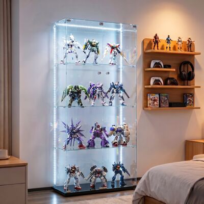 OCEVIA Vitrina De Cuatro Niveles Con Puertas Dobles, Iluminación Led, Cristal Templado Blanco, Diseño Moderno, Armario De Almacenamiento Transparente, Negro. OCEVIA Vitrina De Cuatro Niveles Con Puertas Dobles, Iluminación Led, Cristal Templado Blanco, Diseño Moderno, Armario De Almacenamiento Transparente, Negro.