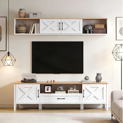 BEAOK Mueble Para Tv De Mdf Blanco 180x40x50 Cm Con Vitrina Colgante 180x30x30 Cm, 4 Armarios, 1 Cajón, Hasta 80 Pulgadas BEAOK Mueble Para Tv De Mdf Blanco 180x40x50 Cm Con Vitrina Colgante 180x30x30 Cm, 4 Armarios, 1 Cajón, Hasta 80 Pulgadas