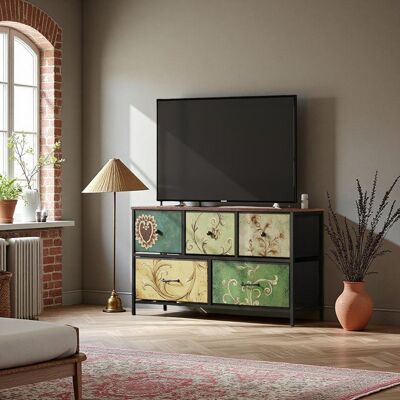 OEM Cómoda De Dormitorio, 5 Cajones, Pies Ajustables, Motivo Floral, Estilo Artístico Retro, 100 X 30 X 55 Cm, Multicolor OEM Cómoda De Dormitorio, 5 Cajones, Pies Ajustables, Motivo Floral, Estilo Artístico Retro, 100 X 30 X 55 Cm, Multicolor