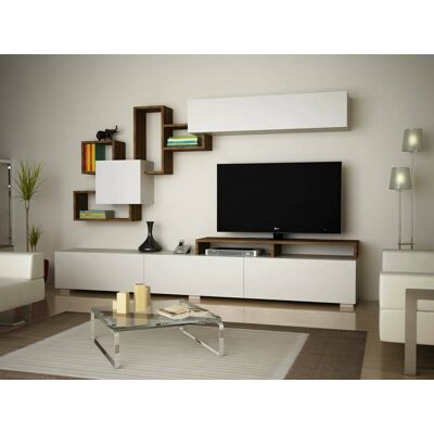 Dmora - Pared Equipada Dpiovan, Composición De La Sala De Estar, Muebles De Salón Multiusos, Gabinete De Tv, 210x37h47 Cm, Blanco Y Nogal Dmora - Pared Equipada Dpiovan, Composición De La Sala De Estar, Muebles De Salón Multiusos, Gabinete De Tv, 210x37h47 Cm, Blanco Y Nogal