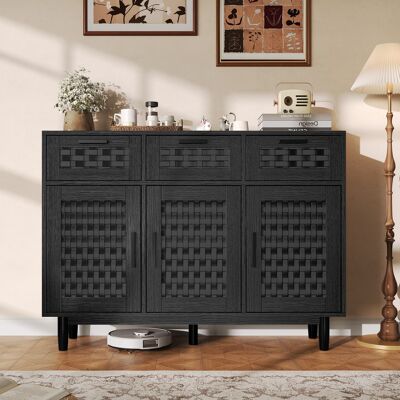 DANS LES NUAGES Aparador De Madera Con 3 Cajones Y 3 Puertas De Ratán, Mueble De Salón Estilo Rústico, Mueble De Almacenaje Negro, 108x40x80 Cm DANS LES NUAGES Aparador De Madera Con 3 Cajones Y 3 Puertas De Ratán, Mueble De Salón Estilo Rústico, Mueble De Almacenaje Negro, 108x40x80 Cm
