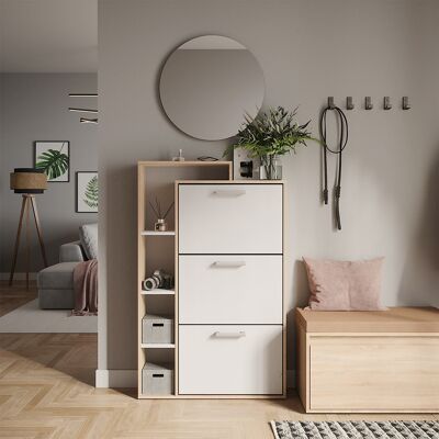 Zapatera Abatible Orlando, Blanco/sonoma, 80 X 128.3 Cm Con 3 Compartimentos Abatibles, Vicco Zapatera Abatible Orlando, Blanco/sonoma, 80 X 128.3 Cm Con 3 Compartimentos Abatibles, Vicco