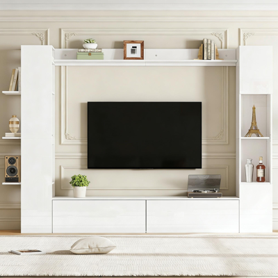 COVREO Mueble De Pared Para Tv 245x30x170 Cm Blanco En Tablero De Partículas Con Vitrina, Estantes Abiertos Y Gran Almacenaje COVREO Mueble De Pared Para Tv 245x30x170 Cm Blanco En Tablero De Partículas Con Vitrina, Estantes Abiertos Y Gran Almacenaje