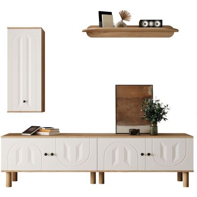 KELLANY Pared De Salón, 3 Piezas, Compuesta Por: Vitrina, Armarios, Estante De Pared. Paneles De Puerta Tallados En Blanco Y Madera. KELLANY Pared De Salón, 3 Piezas, Compuesta Por: Vitrina, Armarios, Estante De Pared. Paneles De Puerta Tallados En Blanco Y Madera.