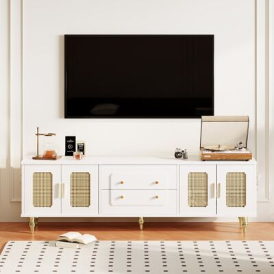 BEXTCOK Mueble Tv Bajo Estilo Retro: Asas Doradas, Amplio Espacio De Almacenaje, Puerta De Ratán Y Patas Metálicas BEXTCOK Mueble Tv Bajo Estilo Retro: Asas Doradas, Amplio Espacio De Almacenaje, Puerta De Ratán Y Patas Metálicas