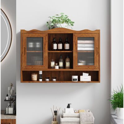 BEAOK Armario De Pared De Madera Maciza Y Vidrio Marrón 90 X 20 X 60 Cm, 2 Puertas Correderas, 3 Niveles BEAOK Armario De Pared De Madera Maciza Y Vidrio Marrón 90 X 20 X 60 Cm, 2 Puertas Correderas, 3 Niveles