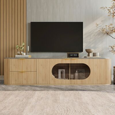 DREAMMESPACE Mueble Para La Tele – 172 X 38 X 45,5 Cm – Diseño 3d Con Puertas Verticales – Vitrina Ovalada De Cristal Gris – Mueble De Almacenamiento Moderno Para Salón – Madera Natural DREAMMESPACE Mueble Para La Tele – 172 X 38 X 45,5 Cm – Diseño 3d Con Puertas Verticales – Vitrina Ovalada De Cristal Gris – Mueble De Almacenamiento Moderno Para Salón – Madera Natural