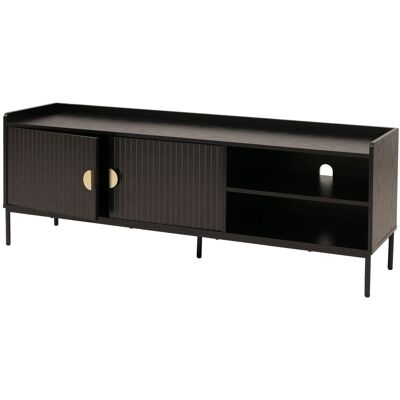 DÉCOSHOP26 Ueble Tv Con 2 Puertas Compartimento Abierto Y Pasacables 56x150x40cm En Madera Negra Con Frentes De Lamas 04000943 DÉCOSHOP26 Ueble Tv Con 2 Puertas Compartimento Abierto Y Pasacables 56x150x40cm En Madera Negra Con Frentes De Lamas 04000943