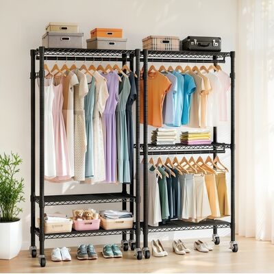 REDOM Perchero De Ropa Con Ruedas (93x46x11 Cm), Con 3 Niveles, 2 Barras, Ganchos Laterales, Metal Negro REDOM Perchero De Ropa Con Ruedas (93x46x11 Cm), Con 3 Niveles, 2 Barras, Ganchos Laterales, Metal Negro