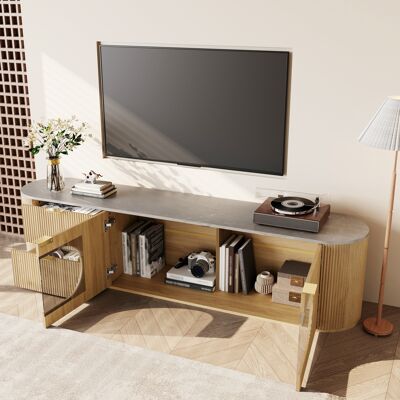 MODENVIE Mueble Tv Con Vitrina Ovalada De Cristal Gris Y Almacenamiento Cerrado, Estilo Minimalista, Mdf, 172 X 38 X 45.5 Cm MODENVIE Mueble Tv Con Vitrina Ovalada De Cristal Gris Y Almacenamiento Cerrado, Estilo Minimalista, Mdf, 172 X 38 X 45.5 Cm