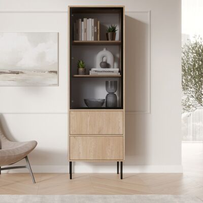 DMORA Vitrina Zanica, Mueble Expositor 2 Estantes, 2 Cajones, 1 Puerta, 60x40x185h Cm Marrón Roble DMORA Vitrina Zanica, Mueble Expositor 2 Estantes, 2 Cajones, 1 Puerta, 60x40x185h Cm Marrón Roble