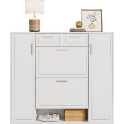 RETROK Zapatero Moderno Con Estantes Regulables, Tiradores Dorados, 2 Cajones, Compartimentos Abatibles Y 2 Puertas, Blanco, 120 X 24 X 107 Cm RETROK Zapatero Moderno Con Estantes Regulables, Tiradores Dorados, 2 Cajones, Compartimentos Abatibles Y 2 Puertas, Blanco, 120 X 24 X 107 Cm
