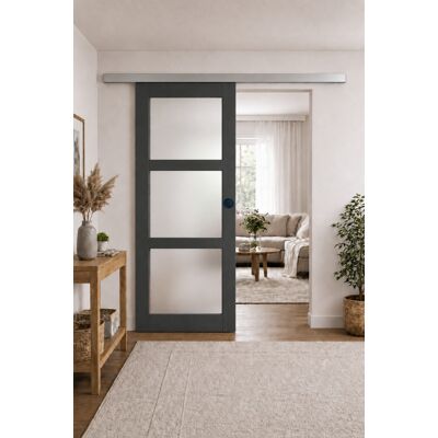 Puerta Corredera Blakeria Gris Antracita Con Vitrina H204 X L93 Cm, Riel De Aluminio, Conchas Negras, Gd Menuiseries Puerta Corredera Blakeria Gris Antracita Con Vitrina H204 X L93 Cm, Riel De Aluminio, Conchas Negras, Gd Menuiseries