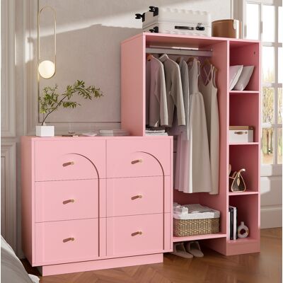 OKWISH Armario Abierto Multifuncional Con Barra, 6 Cajones Y Estantes Laterales, Rosa, 139 X 35 X 133 Cm OKWISH Armario Abierto Multifuncional Con Barra, 6 Cajones Y Estantes Laterales, Rosa, 139 X 35 X 133 Cm