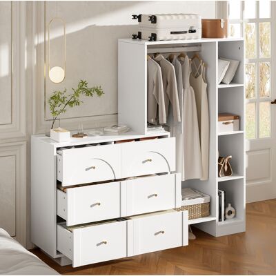 Armario Abierto Para Dormitorio Con Barra Para Colgar, 6 Cajones Y Estantes Laterales, Blanco Con Tiradores Dorados, 139 × 35 × 133 Cm, Almacenaje Versátil Floragrace Armario Abierto Para Dormitorio Con Barra Para Colgar, 6 Cajones Y Estantes Laterales, Blanco Con Tiradores Dorados, 139 × 35 × 133 Cm, Almacenaje Versátil Floragrace