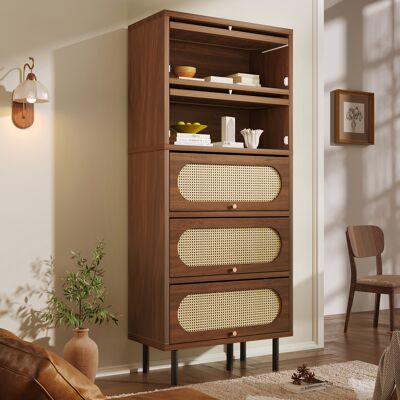 JHY DESIGN Aparador De Nogal Y Ratán, 80 X 40 X 163 Cm, Armario Alto Con 5 Puertas, Cajonera De Madera Con Patas Metálicas, Amplio Espacio De Almacenamiento, Ideal Para El Salón, Recibidor, Cocina O Vestidor. JHY DESIGN Aparador De Nogal Y Ratán, 80 X 40 X 163 Cm, Armario Alto Con 5 Puertas, Cajonera De Madera Con Patas Metálicas, Amplio Espacio De Almacenamiento, Ideal Para El Salón, Recibidor, Cocina O Vestidor.