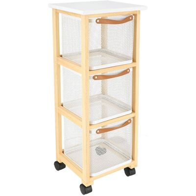 Mueble Cuadrado De Madera Con Ruedas, Con 3 Cestas De Metal En Blanco Y Color Natural - Tendance Mueble Cuadrado De Madera Con Ruedas, Con 3 Cestas De Metal En Blanco Y Color Natural - Tendance