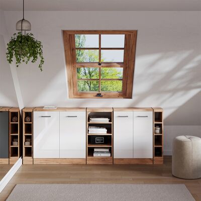 Conjunto De Armarios Para Techo Inclinado Rion, Blanco Alto Brillo, 210 Cm Lote De 5 Carcasas De Armario 60 Cm De Profundidad, Vicco Conjunto De Armarios Para Techo Inclinado Rion, Blanco Alto Brillo, 210 Cm Lote De 5 Carcasas De Armario 60 Cm De Profundidad, Vicco