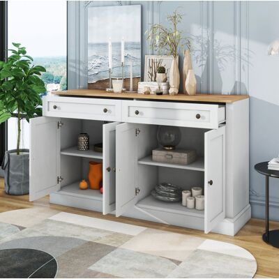 WISHDOR Aparador De Salón, Aparador Blanco Claro Y Madera Con 2 Cajones Y 4 Puertas, Para Comedor Y Salón, 150x40x86 Cm WISHDOR Aparador De Salón, Aparador Blanco Claro Y Madera Con 2 Cajones Y 4 Puertas, Para Comedor Y Salón, 150x40x86 Cm