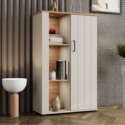 DMORA Vitrina Farra, Mueble Expositor 4 Estantes, 1 Puerta, 6 Compartimentos, 79x36x127h Cm Blanco Crema DMORA Vitrina Farra, Mueble Expositor 4 Estantes, 1 Puerta, 6 Compartimentos, 79x36x127h Cm Blanco Crema