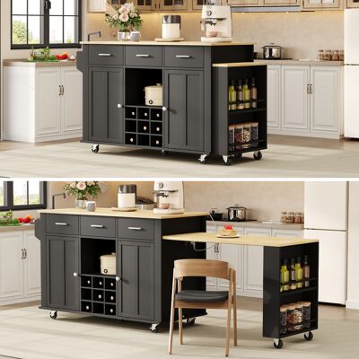 KELLANY Isla De Cocina Con Superficie De Trabajo Extensible, Carro De Cocina Con Espacio De Almacenamiento, 136(223)x50x93cm Isla De Cocina Móvil Con 3 Cajones, Estante Para Vino, Toma De Corriente Con Usb Y KELLANY Isla De Cocina Con Superficie De Trabajo Extensible, Carro De Cocina Con Espacio De Almacenamiento, 136(223)x50x93cm Isla De Cocina Móvil Con 3 Cajones, Estante Para Vino, Toma De Corriente Con Usb Y