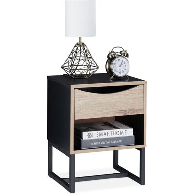 Relaxdays - Mesita Noche Con Cajón, 50 X 39 X 35 Cm, Mesa Cama Auxiliar, Metal, Efecto Madera, Salón, Dormitorio, Negro Relaxdays - Mesita Noche Con Cajón, 50 X 39 X 35 Cm, Mesa Cama Auxiliar, Metal, Efecto Madera, Salón, Dormitorio, Negro