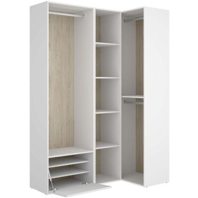 Dkt - Vestidor De Rincón Reus Con Estantes, Zapatero Y Trasera Reversible En Blanco/natural, 205cm(alto) 144.5cm(ancho) 84.5cm(fondo) Dkt - Vestidor De Rincón Reus Con Estantes, Zapatero Y Trasera Reversible En Blanco/natural, 205cm(alto) 144.5cm(ancho) 84.5cm(fondo)