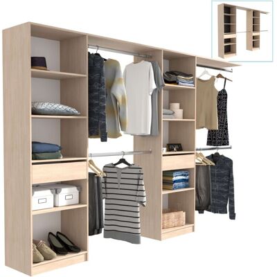 MIROYTENGO Vestidor Elios Para Dormitorio En Color Madera Claro-negro-blanco 5 Estantes 1 Cajón 4 Barras 320x200x40 Cm MIROYTENGO Vestidor Elios Para Dormitorio En Color Madera Claro-negro-blanco 5 Estantes 1 Cajón 4 Barras 320x200x40 Cm