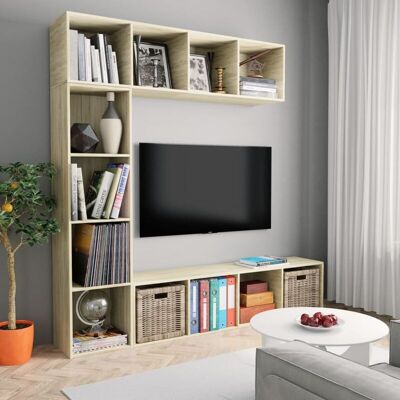 Mueble De Tv Y Librería 3 Piezas Roble Sonoma 180x30x180 Cm Vidaxl Mueble De Tv Y Librería 3 Piezas Roble Sonoma 180x30x180 Cm Vidaxl