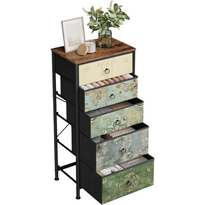 Cómoda De Dormitorio Con 5 Cajones. Marco De Metal Y Mdf, Marrón Rústico Y Negro Con Patrón De Flores Retro - Woltu Cómoda De Dormitorio Con 5 Cajones. Marco De Metal Y Mdf, Marrón Rústico Y Negro Con Patrón De Flores Retro - Woltu
