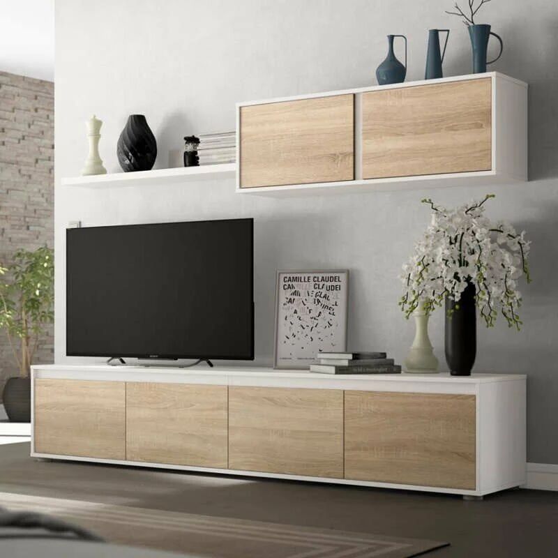 MIROYTENGO Mueble salón comedor modular color roble y blanco estilo moderno 43x200x41 cm