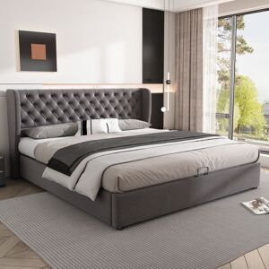 MODENVIE Cama Con Arcón 180×200 Cm, Cama Doble Con Cabecero Alto, Tapizado Chesterfield Y Somier De Lamas, Sin Colchón, Terciopelo, Gris MODENVIE Cama Con Arcón 180×200 Cm, Cama Doble Con Cabecero Alto, Tapizado Chesterfield Y Somier De Lamas, Sin Colchón, Terciopelo, Gris