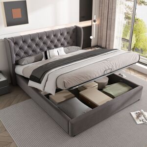MODENVIE Cama Con Arcón 140×200 Cm, Cama Doble Con Almacenaje Hidráulico, Cabecero Tapizado Y Laterales Tipo Orejas, Sin Colchón, Gris MODENVIE Cama Con Arcón 140×200 Cm, Cama Doble Con Almacenaje Hidráulico, Cabecero Tapizado Y Laterales Tipo Orejas, Sin Colchón, Gris