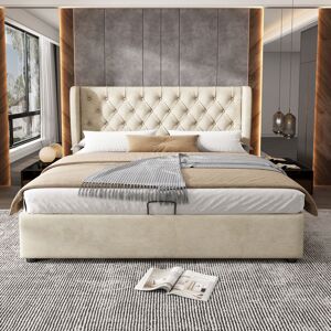 MIVRAY Cama Con Canapé Tapizada En Terciopelo Beige 180x200 Cm, Somier De Láminas Incluido Y Almacenaje Hidráulico MIVRAY Cama Con Canapé Tapizada En Terciopelo Beige 180x200 Cm, Somier De Láminas Incluido Y Almacenaje Hidráulico