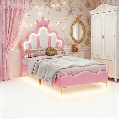 OEM Cama Lit De 90x200 Cm Nexu Rosa — Cabecero Corona Con Led, Somier De Lamas, Marco De Metal OEM Cama Lit De 90x200 Cm Nexu Rosa — Cabecero Corona Con Led, Somier De Lamas, Marco De Metal