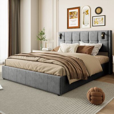 OEM Cama Lit 140x200 Cm De Terciopelo Gris — Cabecero Con 2 Lámparas De Lectura Led Y Almacenamiento Hidráulico OEM Cama Lit 140x200 Cm De Terciopelo Gris — Cabecero Con 2 Lámparas De Lectura Led Y Almacenamiento Hidráulico