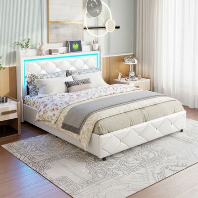 OEM Cama Lit 140x200 Pu Blanca Con Cabecero Led Y Usb - Somier Incluido, Almacenamiento Hidráulico OEM Cama Lit 140x200 Pu Blanca Con Cabecero Led Y Usb - Somier Incluido, Almacenamiento Hidráulico