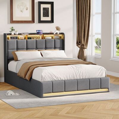 OEM Cama Lit 140x200 - Somier Con Lamas Elevable - Recubrimiento De Lino Gris - Cofre Con Pistones De Gas - Led Y Usb OEM Cama Lit 140x200 - Somier Con Lamas Elevable - Recubrimiento De Lino Gris - Cofre Con Pistones De Gas - Led Y Usb
