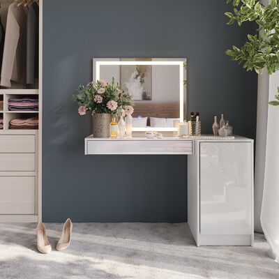 Tocador Sherry, Blanco/blanco Alto Brillo, 120.2 Cm Con Espejo Led Y Módulo Con Puerta, Vicco Tocador Sherry, Blanco/blanco Alto Brillo, 120.2 Cm Con Espejo Led Y Módulo Con Puerta, Vicco