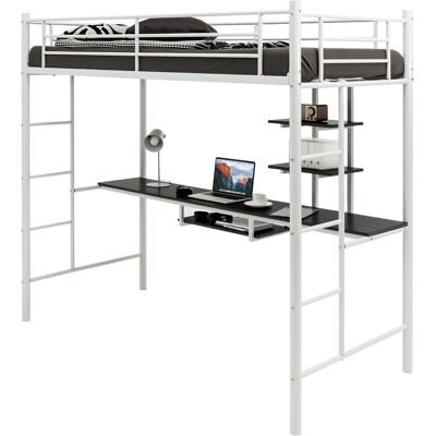 Costway Cama Alta Con Escritorio 95x200cm, Cama Alta Individual, Estructura De Hierro, 2 Escaleras Bilaterales Y 2 Estantes De Almacenamiento, Literas Juveniles Con Escalera (blanco) Costway Cama Alta Con Escritorio 95x200cm, Cama Alta Individual, Estructura De Hierro, 2 Escaleras Bilaterales Y 2 Estantes De Almacenamiento, Literas Juveniles Con Escalera (blanco)