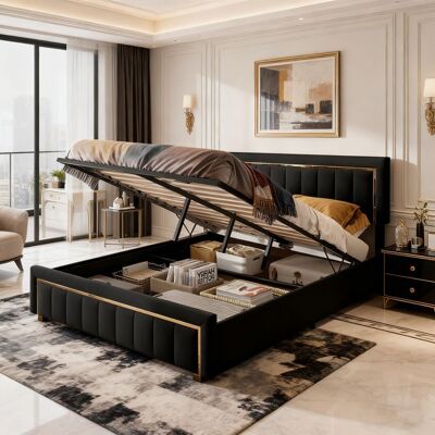 OEM Estructura De Cama Con Arcón 160x200 Cm Terciopelo Negro Con Borde Dorado - Somier De Lamas, Almacenamiento Abierto, Contemporáneo OEM Estructura De Cama Con Arcón 160x200 Cm Terciopelo Negro Con Borde Dorado - Somier De Lamas, Almacenamiento Abierto, Contemporáneo