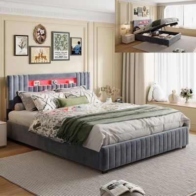 OEM Cama Lit 160x200 Cm De Terciopelo Gris – Hidráulica, Led Multicolor, Somier De Lamas, Cabecero OEM Cama Lit 160x200 Cm De Terciopelo Gris – Hidráulica, Led Multicolor, Somier De Lamas, Cabecero