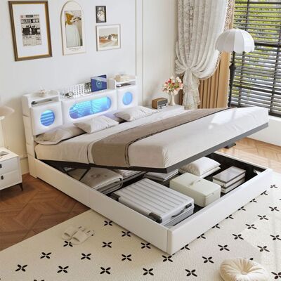 OEM Cama Lit Coffre - 140x200 Cm Pu Blanco - Somier De Lamas Elevable - Cabecera Led - Puertos Usb/tipo-c OEM Cama Lit Coffre - 140x200 Cm Pu Blanco - Somier De Lamas Elevable - Cabecera Led - Puertos Usb/tipo-c