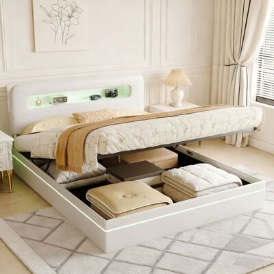 OEM Cama Lit - 160x200 - Terciopelo Beige - Almacenamiento Hidráulico - Cabecera Led Acolchada OEM Cama Lit - 160x200 - Terciopelo Beige - Almacenamiento Hidráulico - Cabecera Led Acolchada