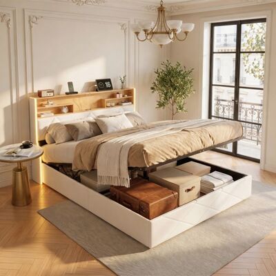 OEM Cama Lit 140x200 Cm - Cabecera En T Con Usb Y Nichos - Somier De Lamas Incluido - Led Integrada, Pu Blanco Y Roble Claro OEM Cama Lit 140x200 Cm - Cabecera En T Con Usb Y Nichos - Somier De Lamas Incluido - Led Integrada, Pu Blanco Y Roble Claro