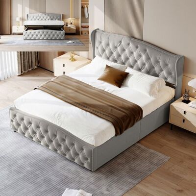 OEM Cama Lit 140x200 Cm Terciopelo Gris - Marco De Metal Y Madera, Somier De Lamas, Almacenamiento Hidráulico OEM Cama Lit 140x200 Cm Terciopelo Gris - Marco De Metal Y Madera, Somier De Lamas, Almacenamiento Hidráulico