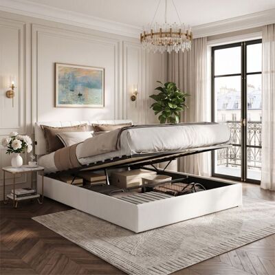 OEM Cama Lit Coffre - Nexu - 140x190 Cm - Terciopelo Teddy Blanco Lechoso - Cabecera Ajustable OEM Cama Lit Coffre - Nexu - 140x190 Cm - Terciopelo Teddy Blanco Lechoso - Cabecera Ajustable