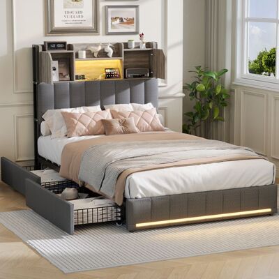 OEM Cama Lit Simple 90x200 Cm - Lino Gris - Cabecero Con Almacenamiento Y Usb-c - Led Rgb Controlable - 2 Cajones Silenciosos OEM Cama Lit Simple 90x200 Cm - Lino Gris - Cabecero Con Almacenamiento Y Usb-c - Led Rgb Controlable - 2 Cajones Silenciosos