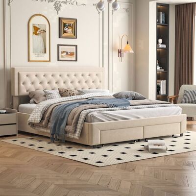 OEM Cama Con Cofre - 180x200 Terciopelo Beige - Cofre Hidráulico - 2 Cajones - Cabecera Acolchada OEM Cama Con Cofre - 180x200 Terciopelo Beige - Cofre Hidráulico - 2 Cajones - Cabecera Acolchada